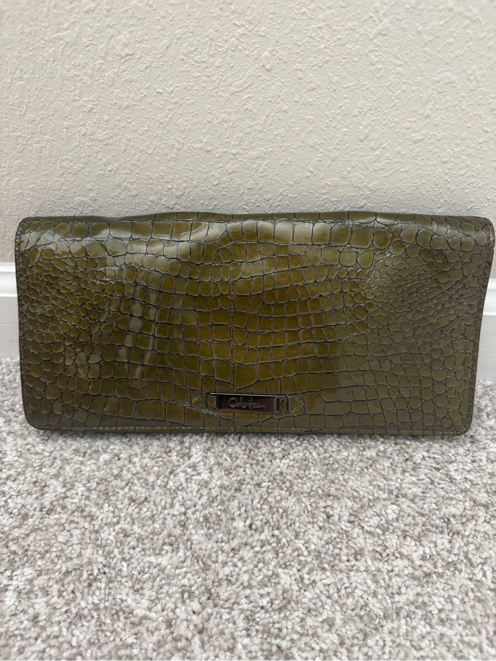 NWOT Cole Haan Croc Print Patent Leather Minimalist Clutch Green